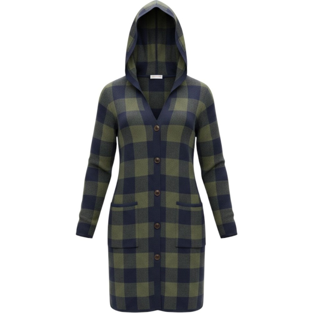 Denim & Co Hooded Cardigan Womens XL Green Blue Plaid NWOT Longline Sweater